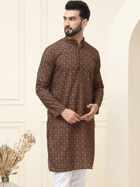 SOJANYA Men Black & Mustard Yellow Ethnic Motifs Printed Cotton Kurta