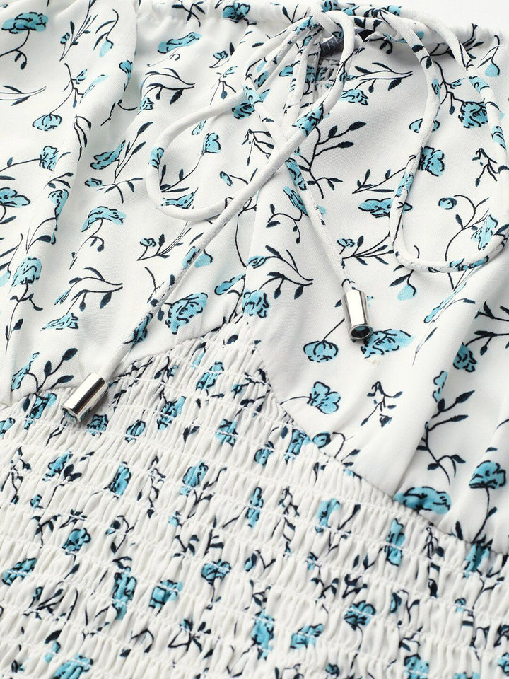STREET 9 Cream-Coloured & Turquoise Blue Floral Printed Tie-Up Neck Puff Sleeves Blouson Top