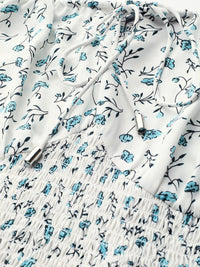 STREET 9 Cream-Coloured & Turquoise Blue Floral Printed Tie-Up Neck Puff Sleeves Blouson Top