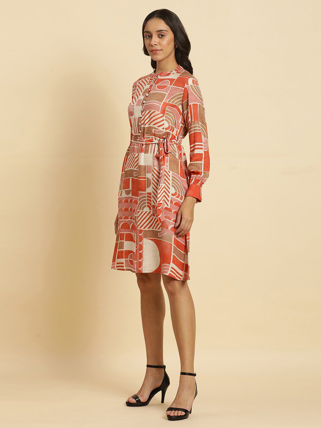 W Geometric Printed Mandarin Collar Cuffed Sleeves A-Line Dress