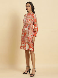 W Geometric Printed Mandarin Collar Cuffed Sleeves A-Line Dress
