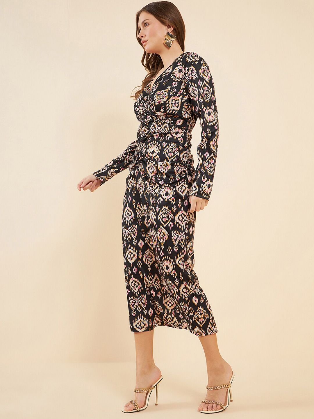 Antheaa Black Ethnic Motifs Printed V-Neck A-Line Midi Dress