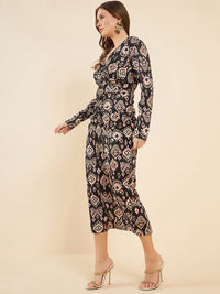 Antheaa Black Ethnic Motifs Printed V-Neck A-Line Midi Dress