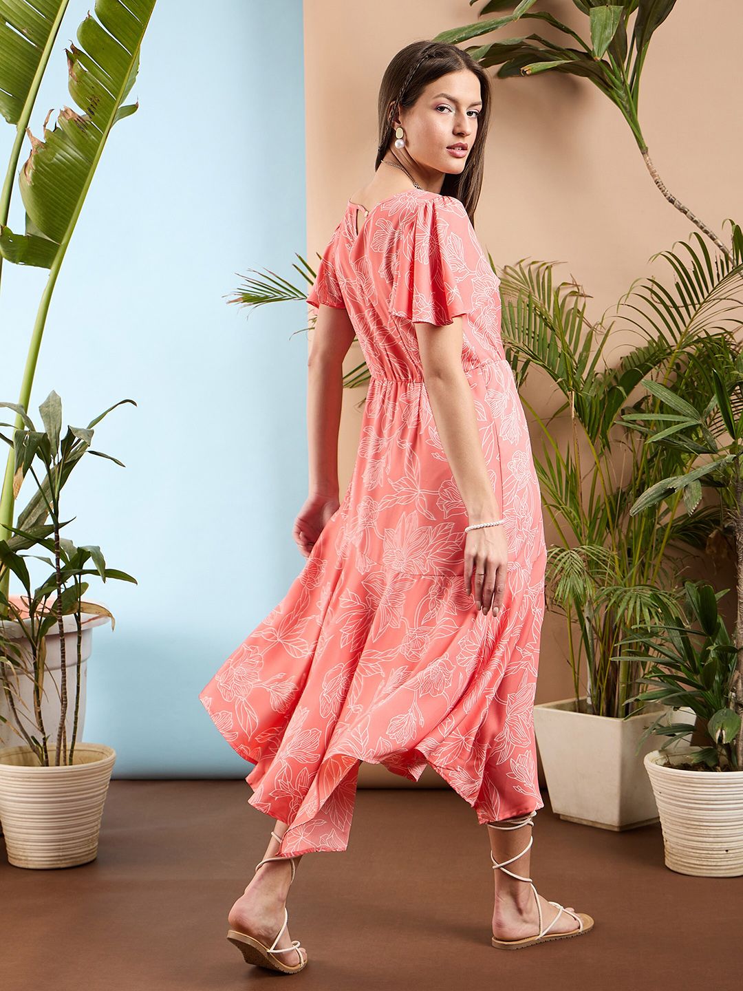 SASSAFRAS Floral Print Flared Sleeve Asymmetric Fit & Flare Maxi Dress