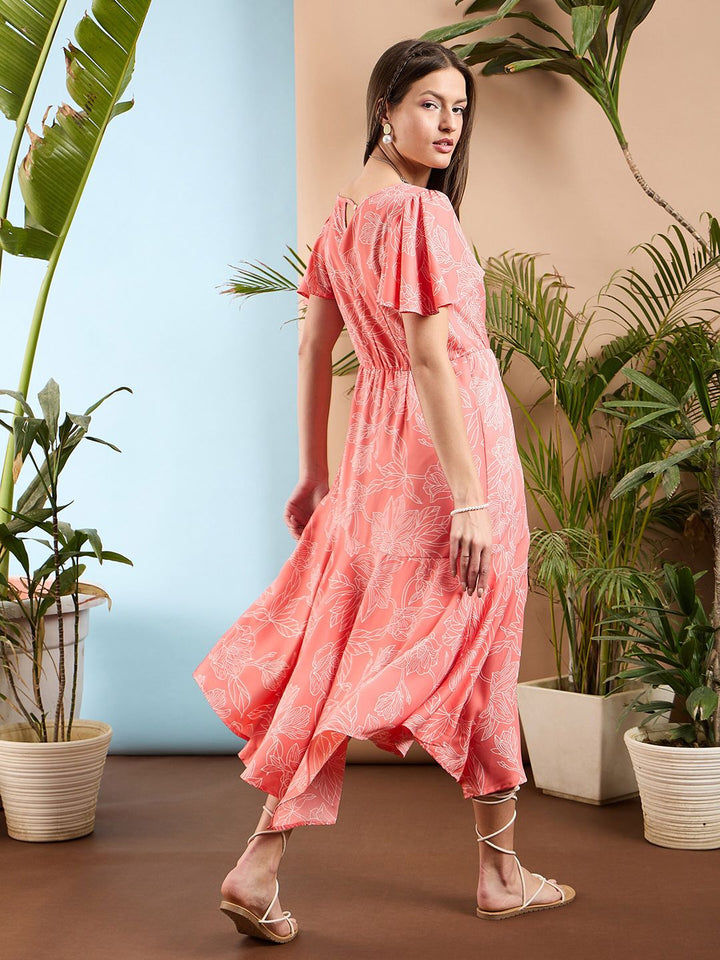 SASSAFRAS Floral Print Flared Sleeve Asymmetric Fit & Flare Maxi Dress