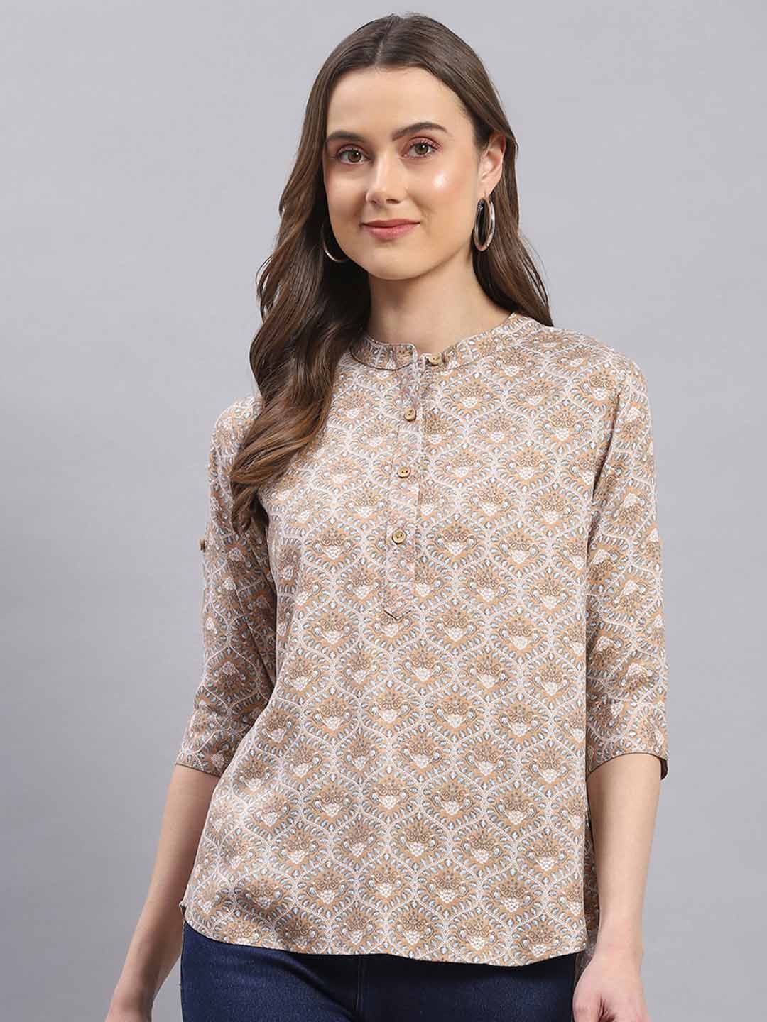 Monte Carlo Ethnic Motifs Printed Mandarin Collar Top