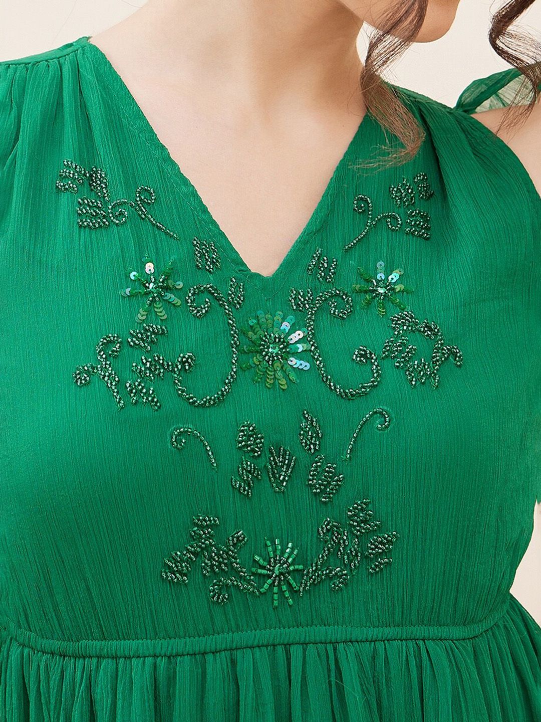 Antheaa Embellished Tie-Up Neck Bell Sleeves Empire Midi Dress