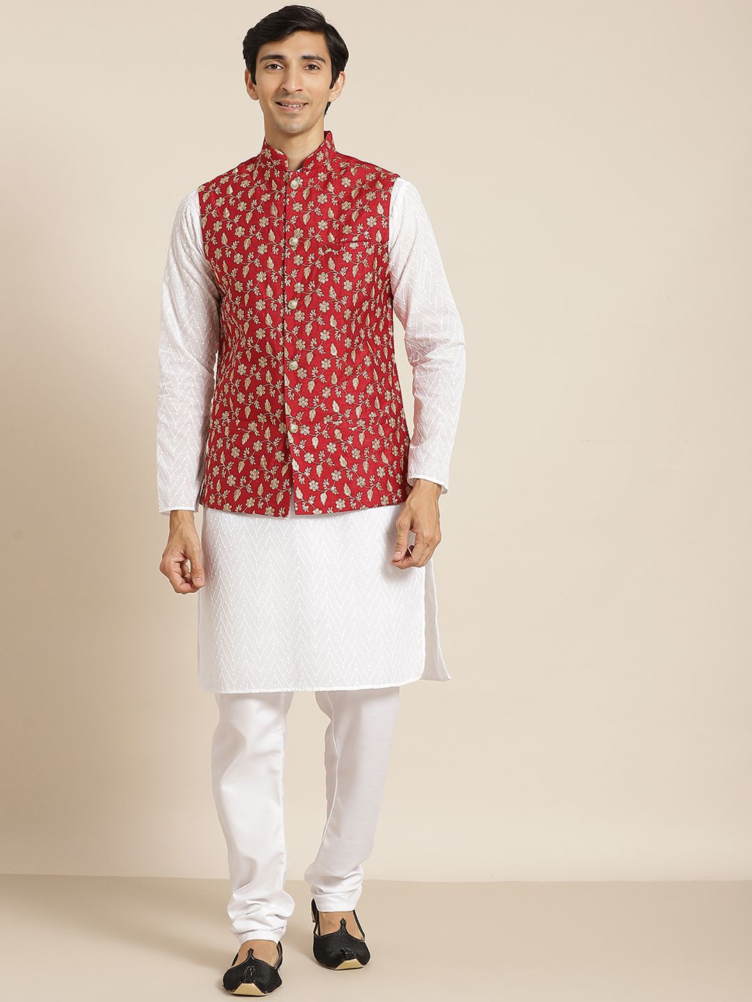 SOJANYA Men White Chikankari Pure Cotton Kurta with Churidar & Nehru Jacket