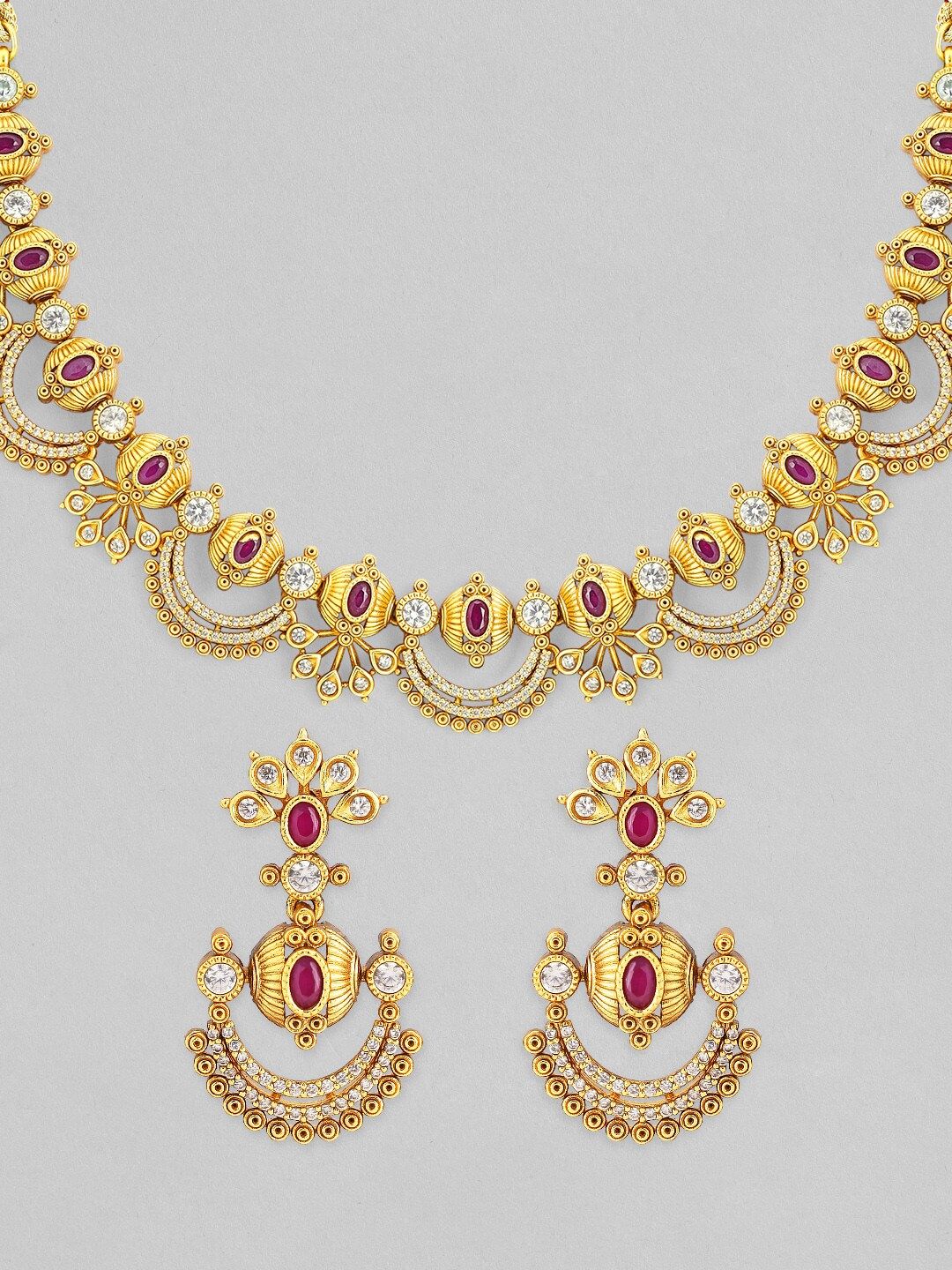 Rubans 24K Gold-Plated Ruby Pink & Cubic Zirconia Studded Temple Necklace Set