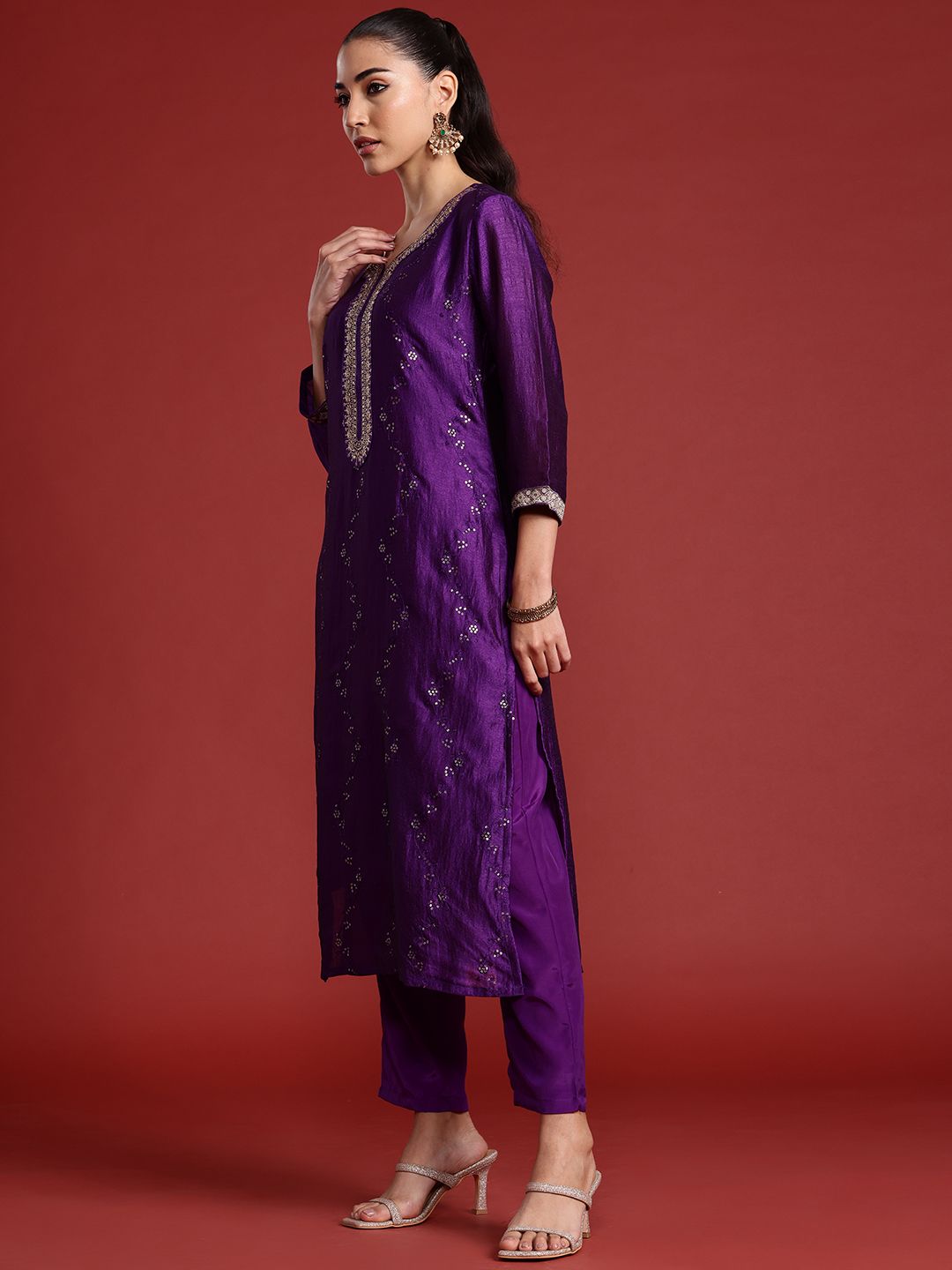 Indo Era Floral Embroidered Sequinned Kurta With Trousers & Dupatta
