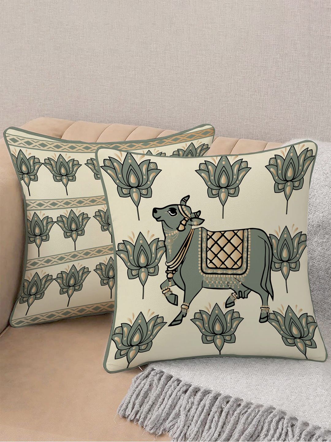STITCHNEST Cream & Olive Green Set of 2 Ethnic Motifs Velvet Square Cushion Covers
