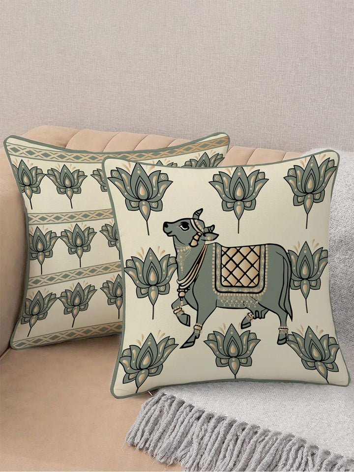 STITCHNEST Cream & Olive Green Set of 2 Ethnic Motifs Velvet Square Cushion Covers