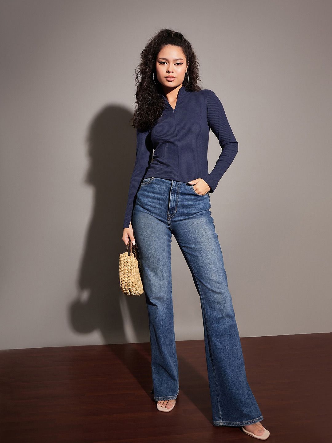 SASSAFRAS Navy Blue High Neck Half Zipper Fitted Top