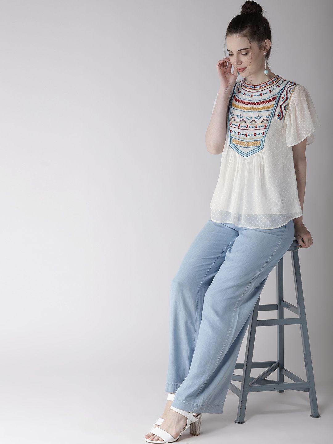 Antheaa White Self Design A-Line Top