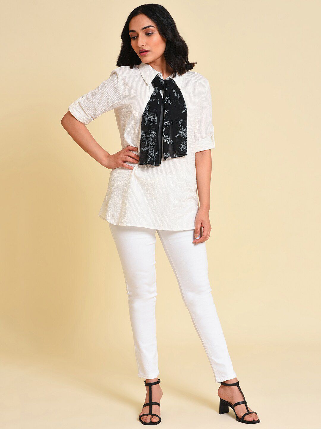 W Roll-Up Sleeves Cotton Shirt Style Top With Detachable Scarf