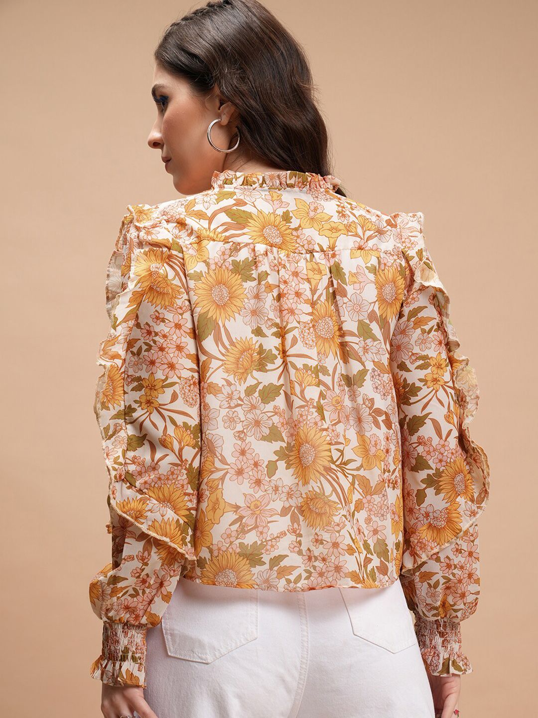 Tokyo Talkies Yellow Floral Print Tie-Up Neck Ruffled Cuffed Sleeves Blouson Top