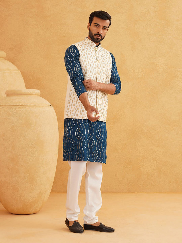 SOJANYA Men Leheriya Embroidered Sequinned Pure Cotton Kurta With Churidar & Nehru Kurta