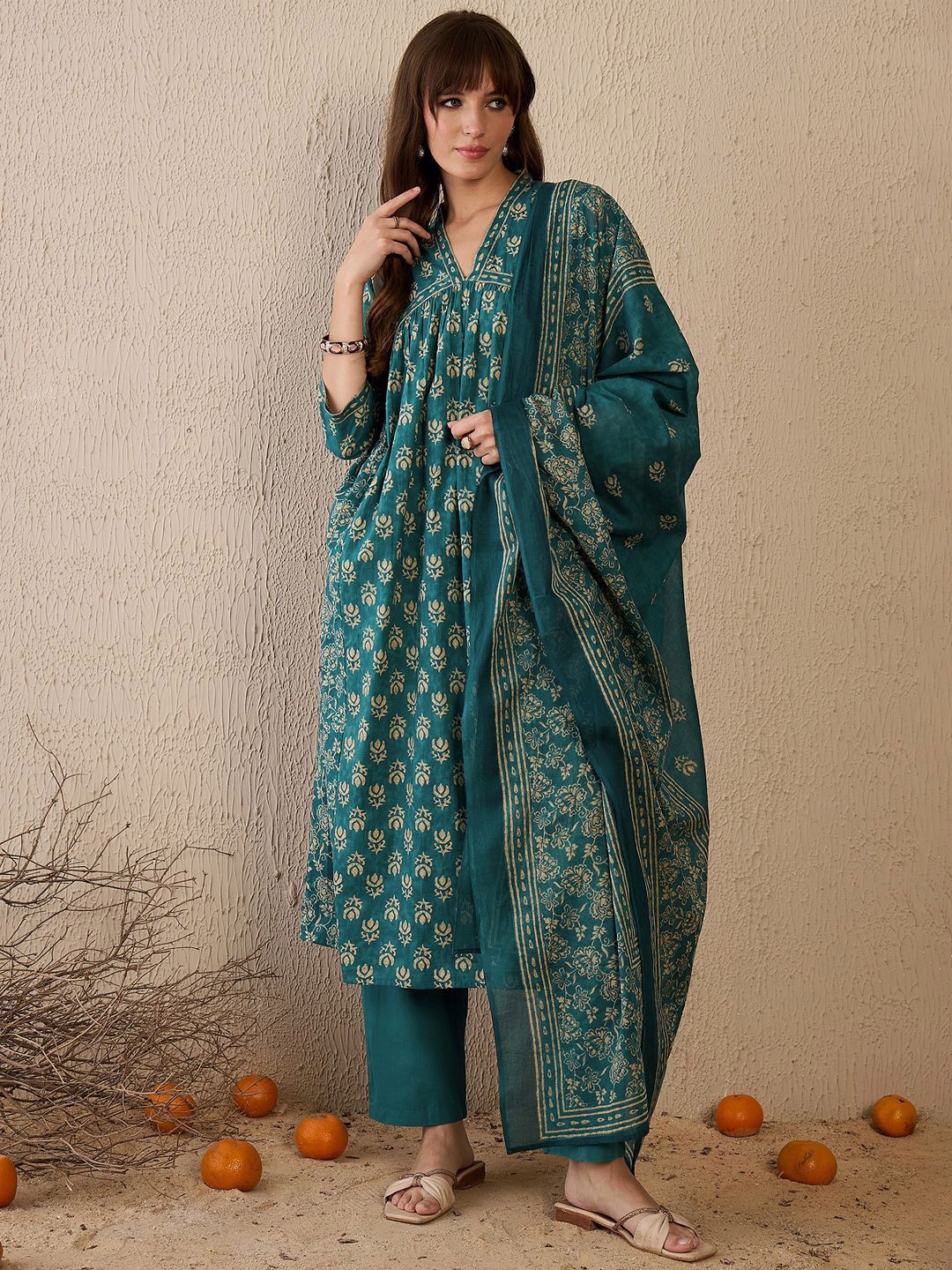 Indo Era Women Floral Printed Empire Pure Cotton Kurta with Trousers & With Dupatta