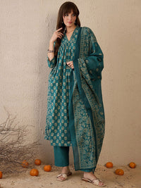Indo Era Women Floral Printed Empire Pure Cotton Kurta with Trousers & With Dupatta