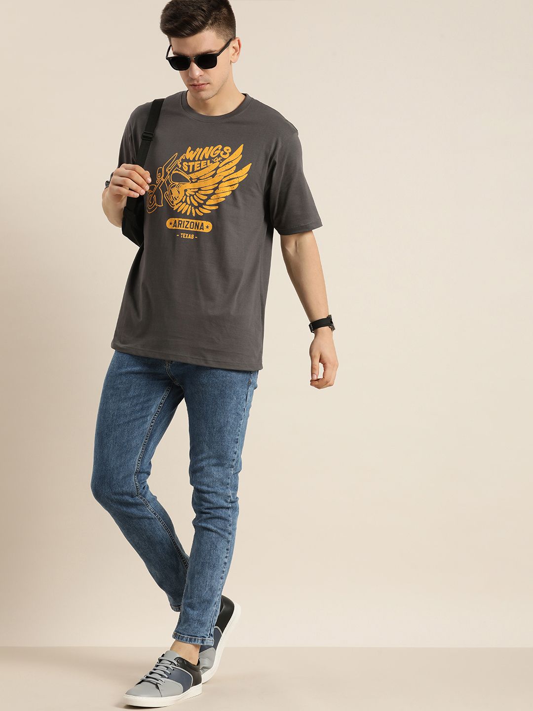 Difference of Opinion Men Charcoal & Mustard Yellow Printed Pure Cotton Loose T-shirt