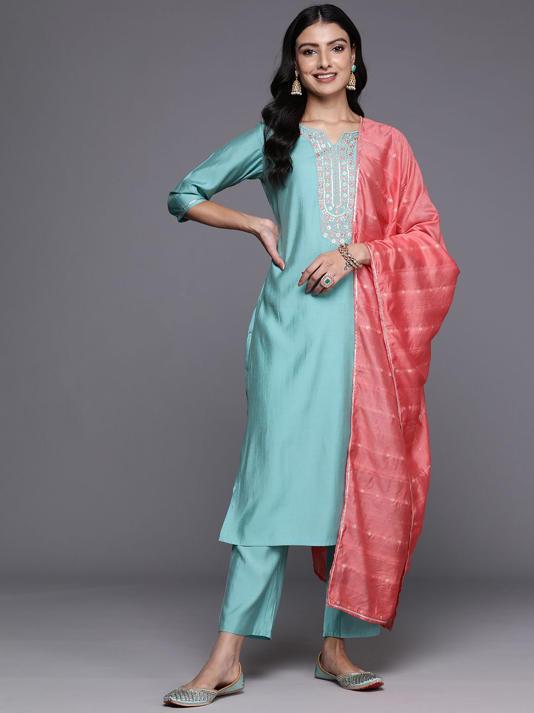 Gerua By Libas Floral Yoke Design Regular Sequinned Kurta with Trousers  Dupatta