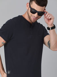 THE BEAR HOUSE Men Navy Blue Solid Henley Neck Pure Cotton T-shirt