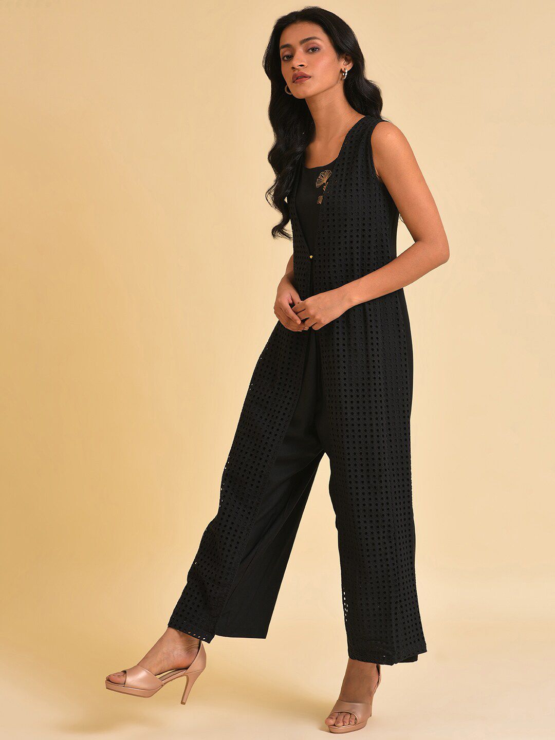 W Black schiffli Pure Cotton Basic Jumpsuit