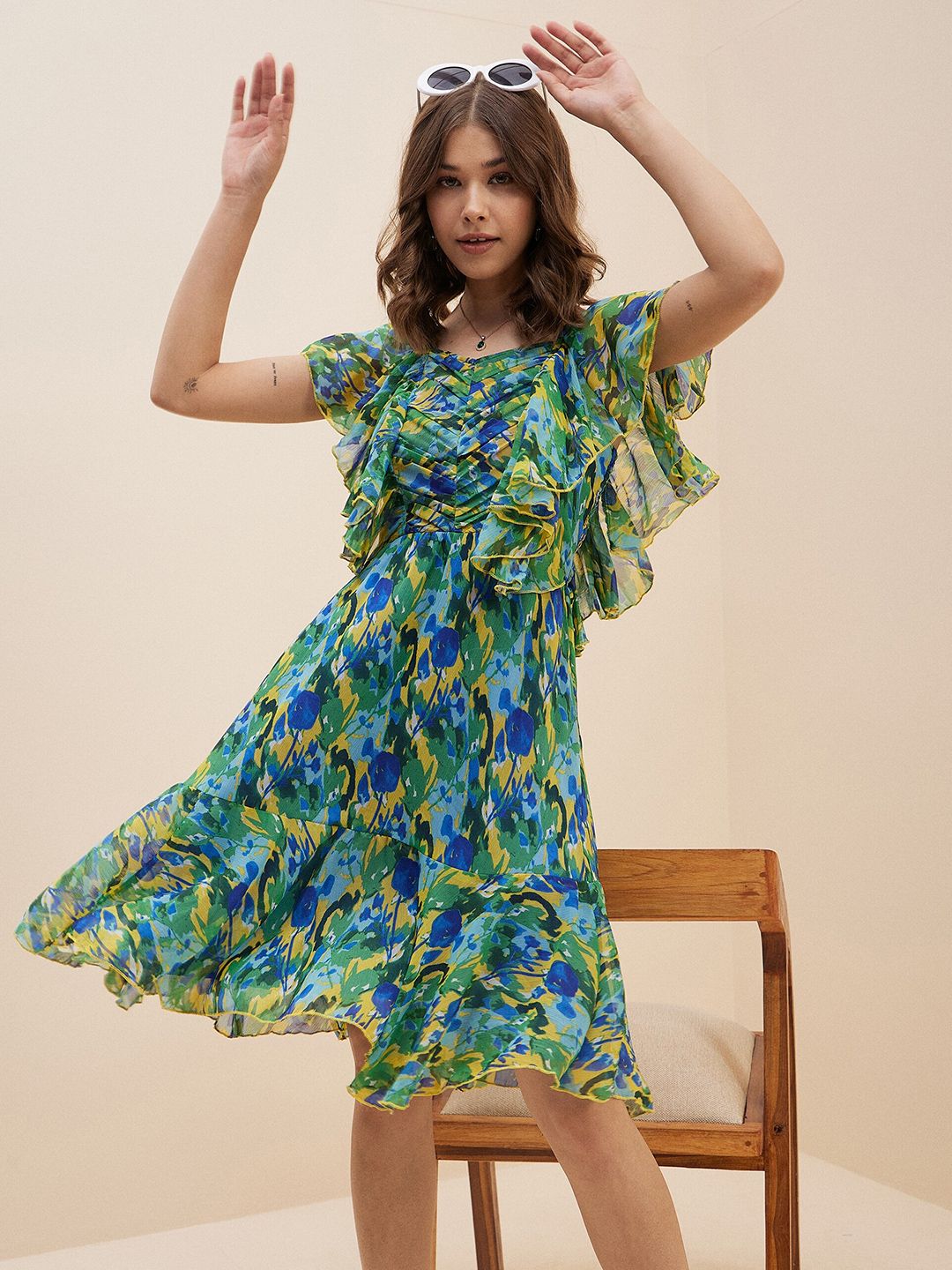 Antheaa Green Floral Print Flutter Sleeve Chiffon Fit & Flare Dress
