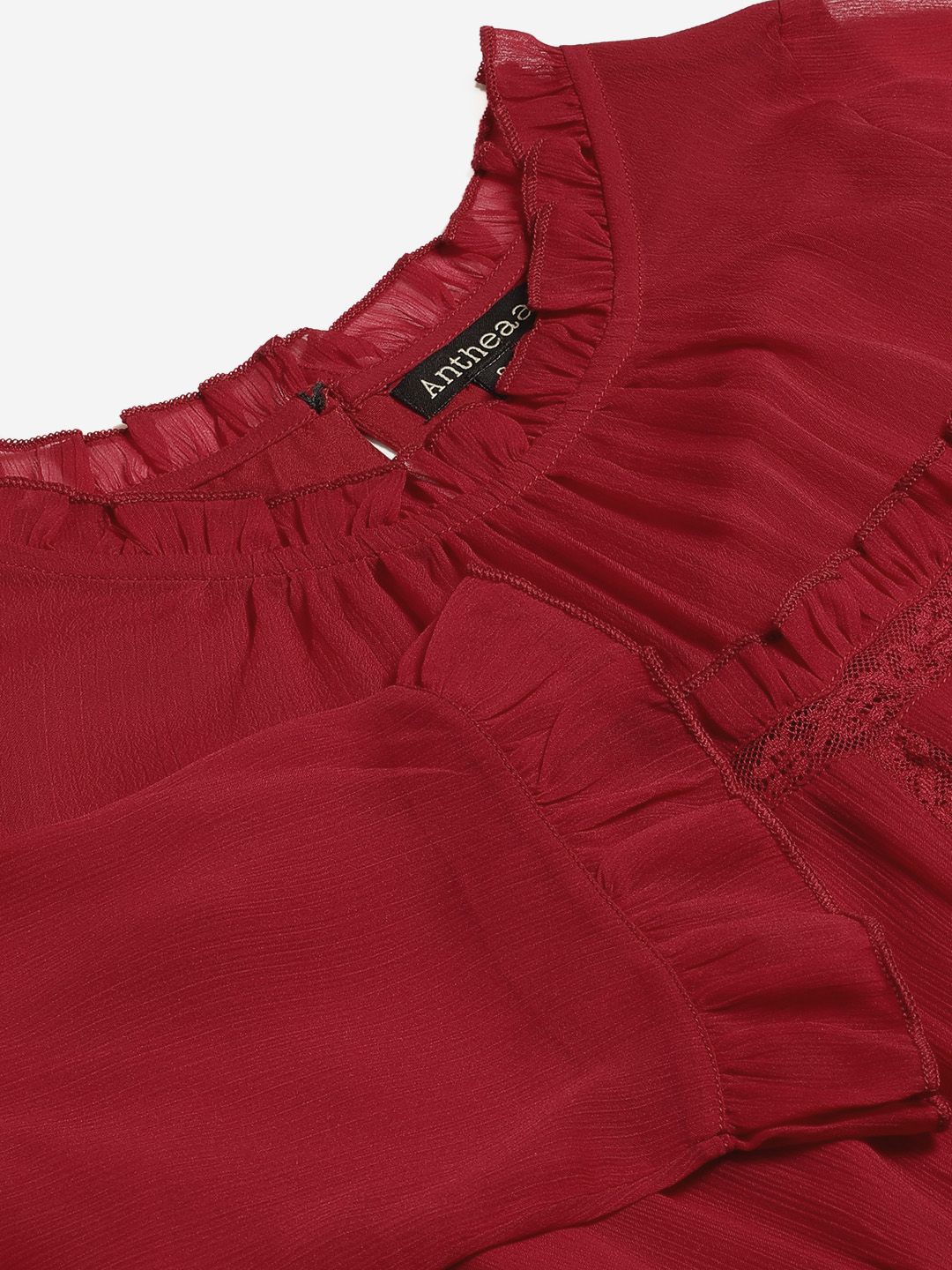Antheaa Red Tiered Dress With Puff Sleeves