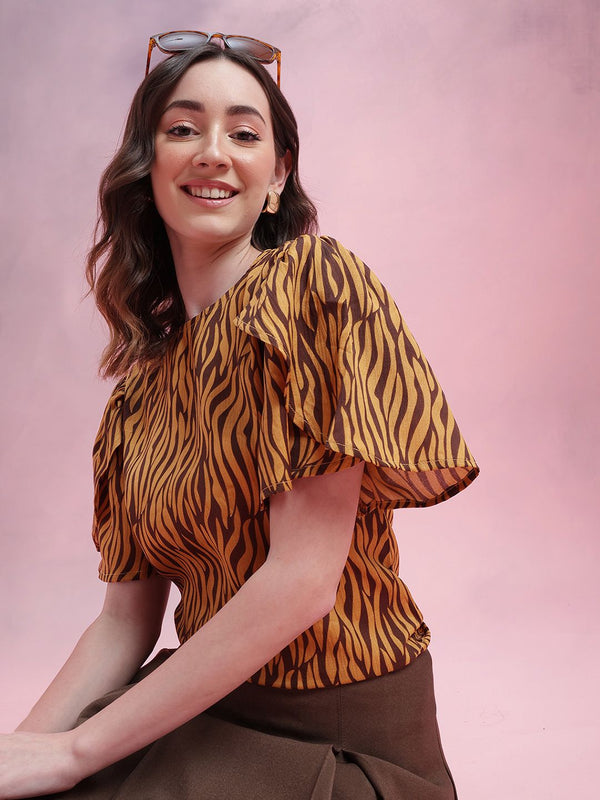 DressBerry Floral Print Tulip-Style Flared Sleeves Top