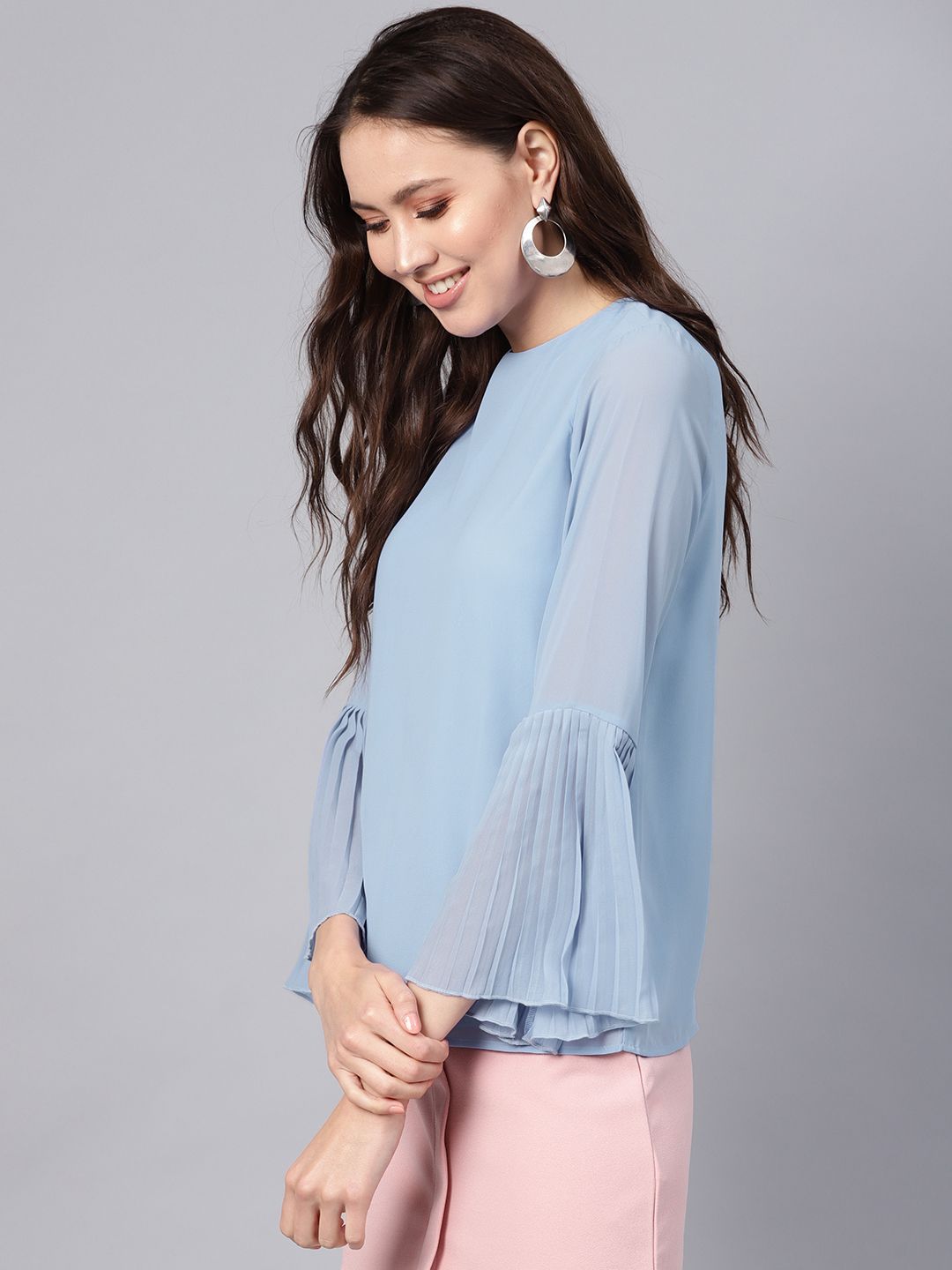 SASSAFRAS Blue Pleated Top With Frilled Hem