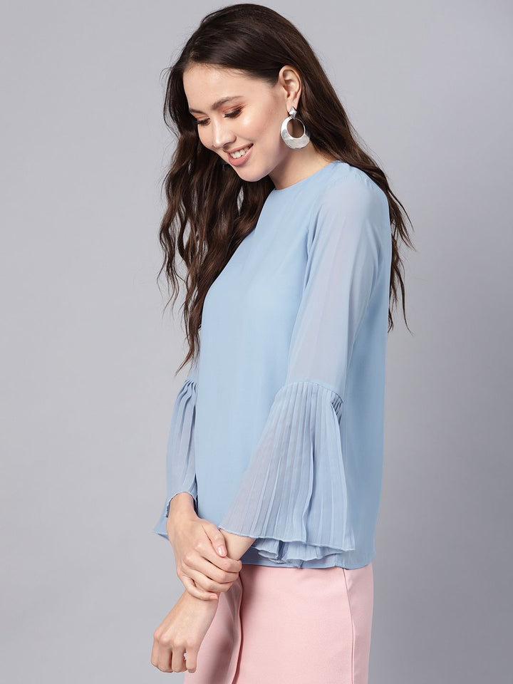 SASSAFRAS Blue Pleated Top With Frilled Hem