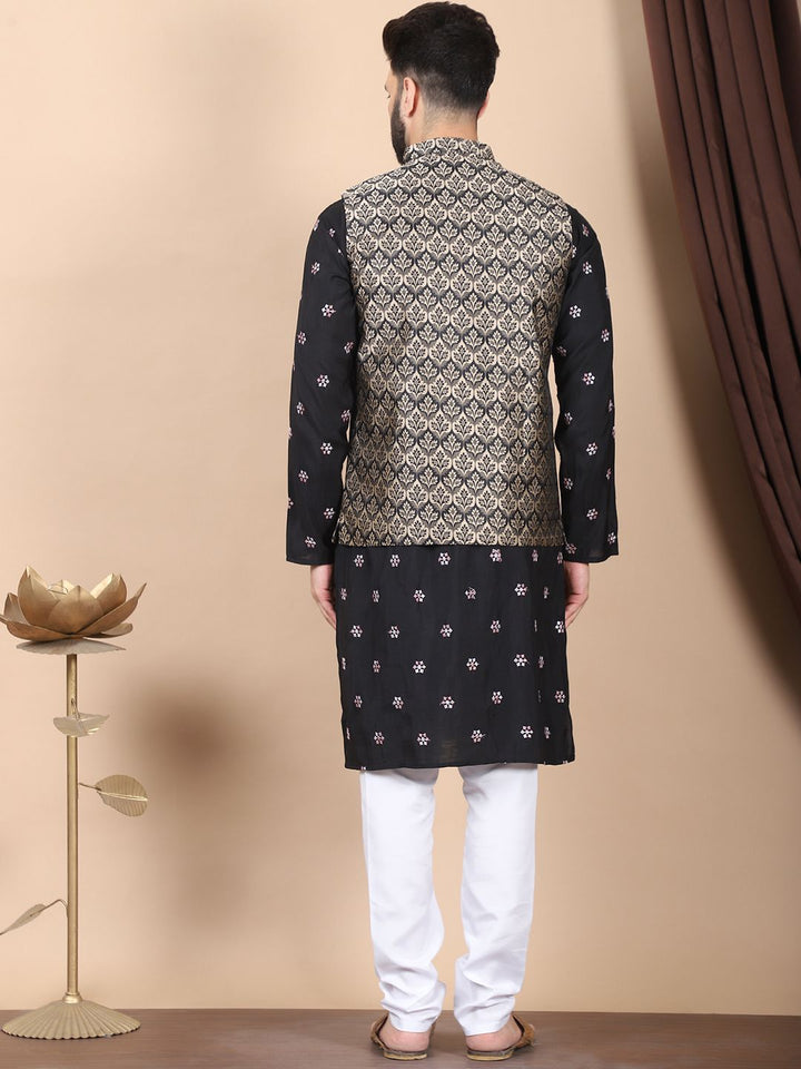 Anouk Black Floral Embroidered Sequinned Cotton Silk Kurta with Churidar & Nehru Jacket