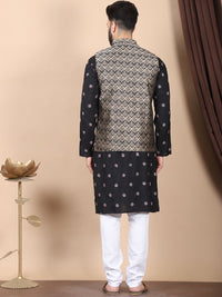 Anouk Black Floral Embroidered Sequinned Cotton Silk Kurta with Churidar & Nehru Jacket
