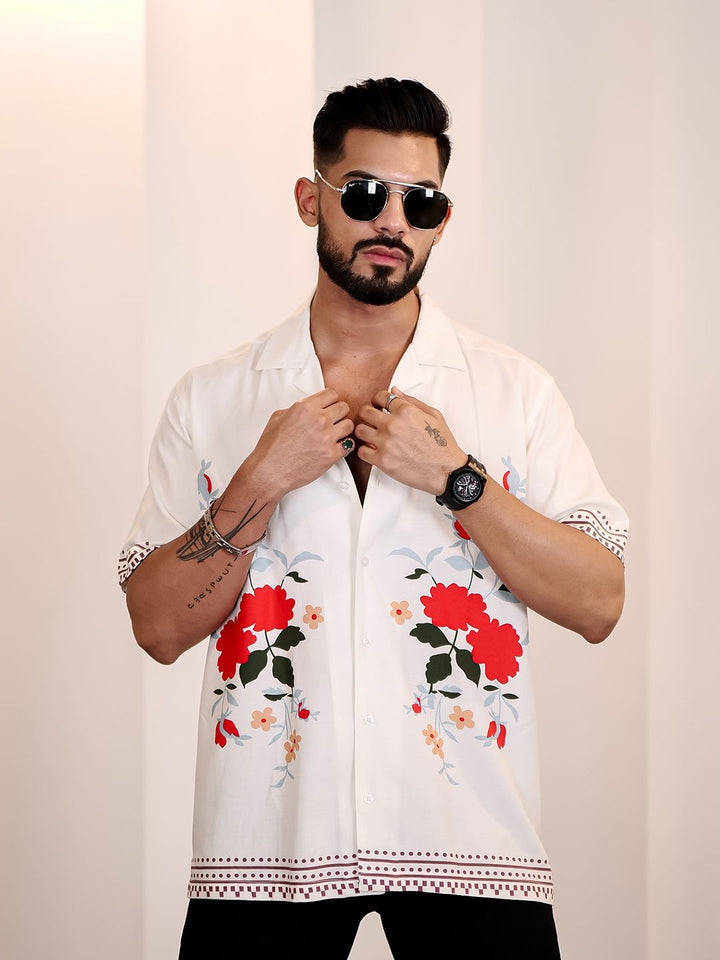 Eszett Men Floral Printed Cuban Collar Casual Shirt