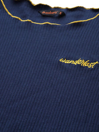DressBerry Women Navy Blue Solid Ribbed Regular Top