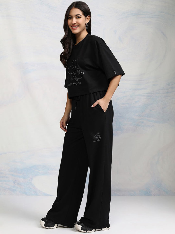 Tokyo Talkies Disney Women Mickey Mouse Printed Crop T-Shirt With Trouser Co-Ord Set