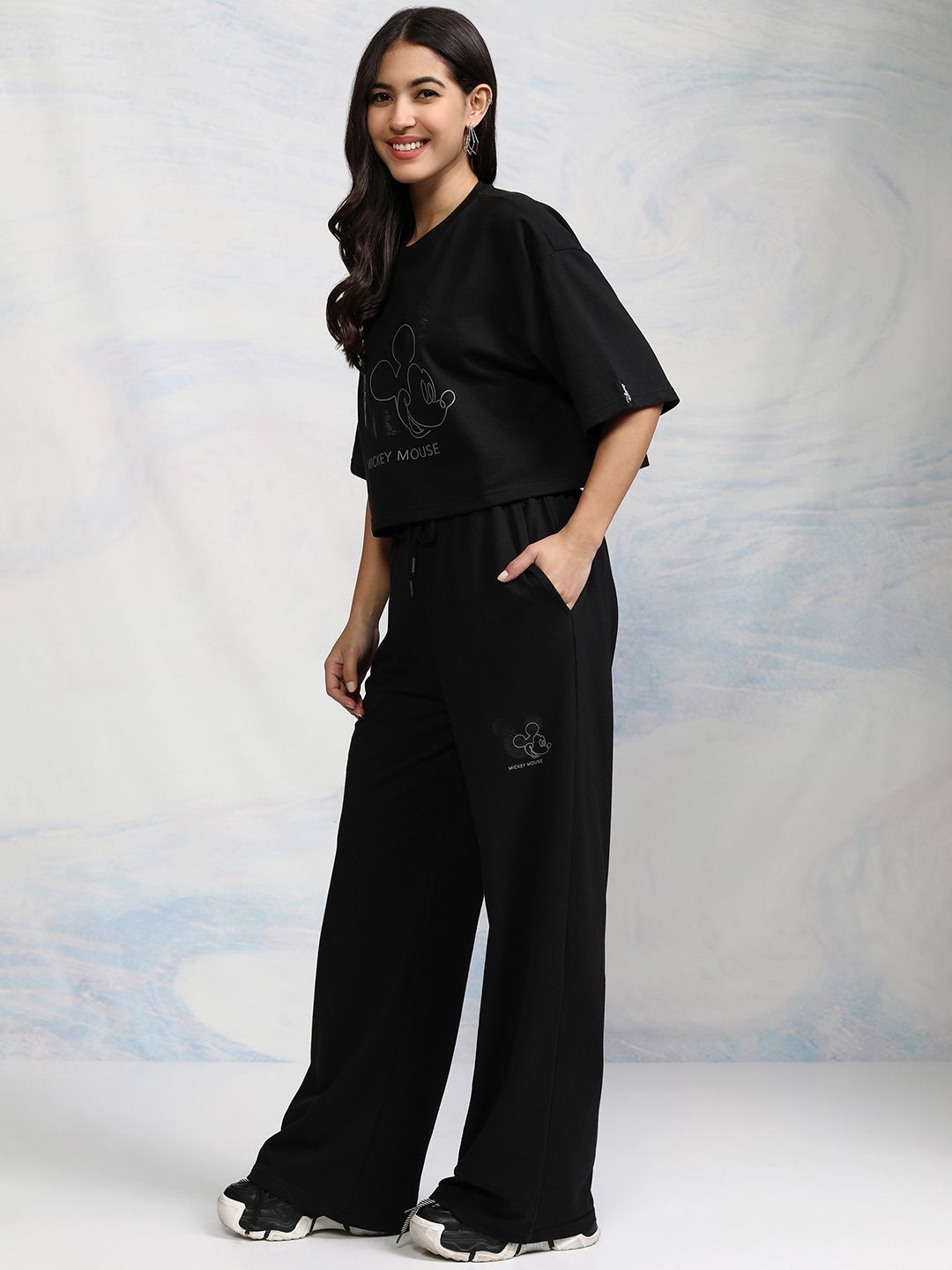 Tokyo Talkies Disney Women Mickey Mouse Printed Crop T-Shirt With Trouser Co-Ord Set
