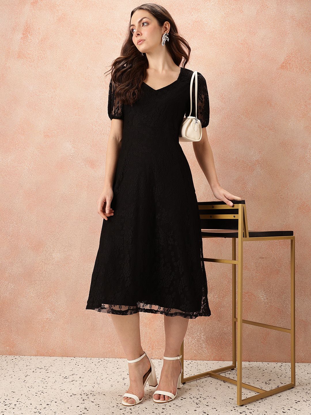 all about you V-Neck Puff Sleeves Lace A-Line Dress