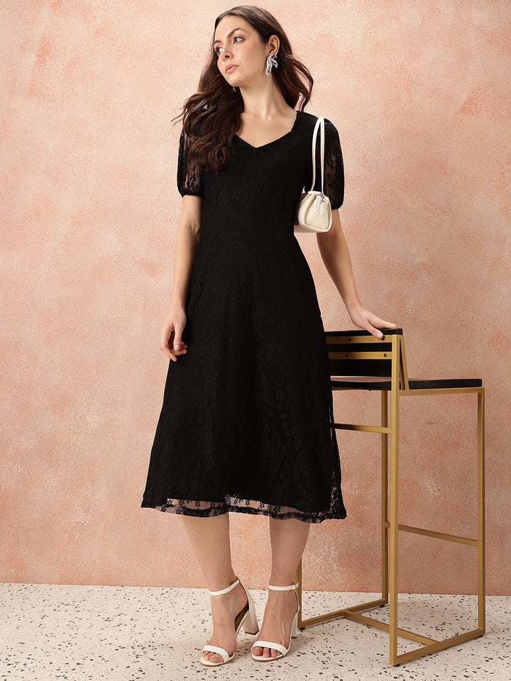 all about you V-Neck Puff Sleeves Lace A-Line Dress