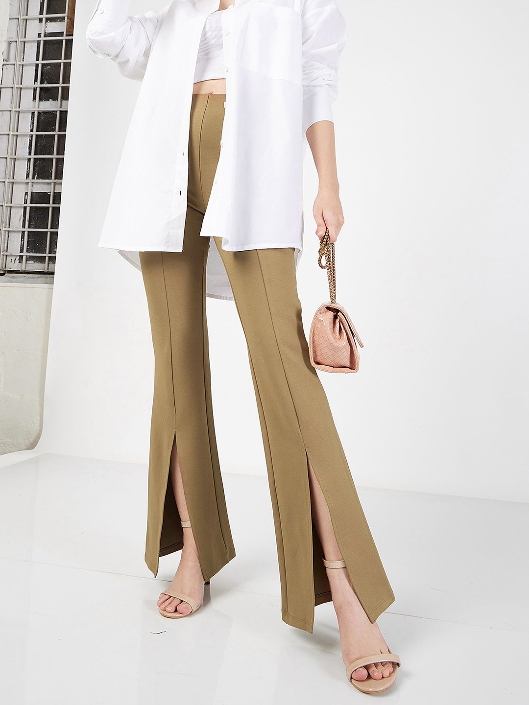 SASSAFRAS Women Beige Slim Fit Bootcut Trousers