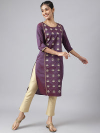 AURELIA Women Purple Floral Thread Work Kurta