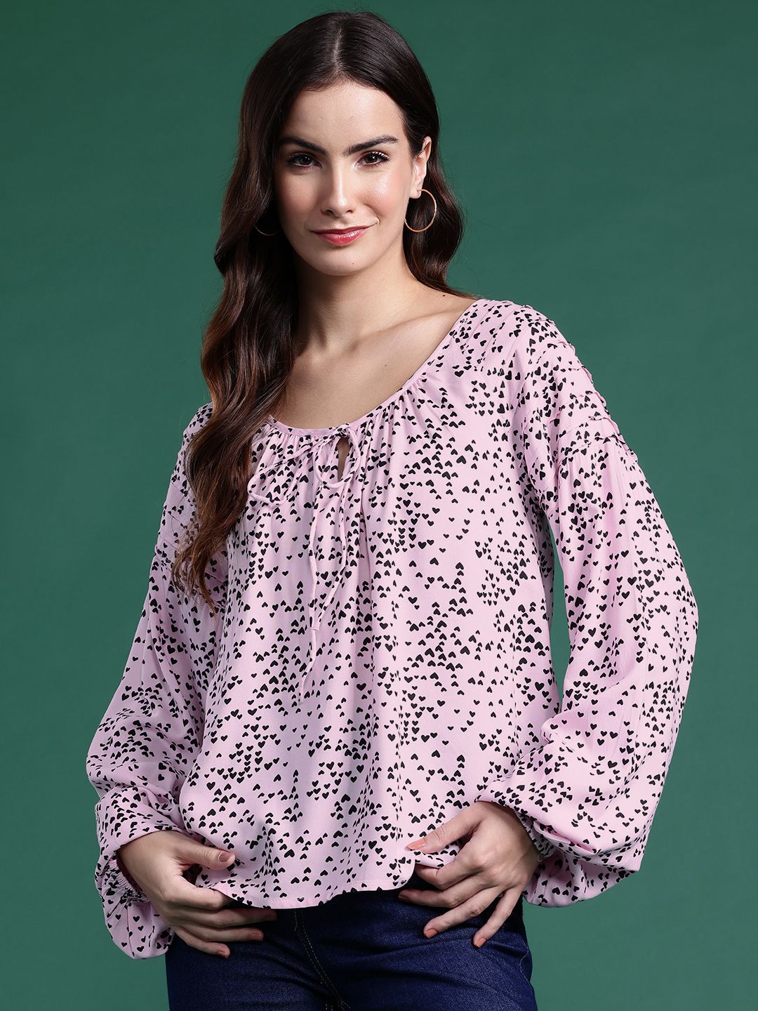 DressBerry Printed Tie-Up Neck Puff Sleeve Top