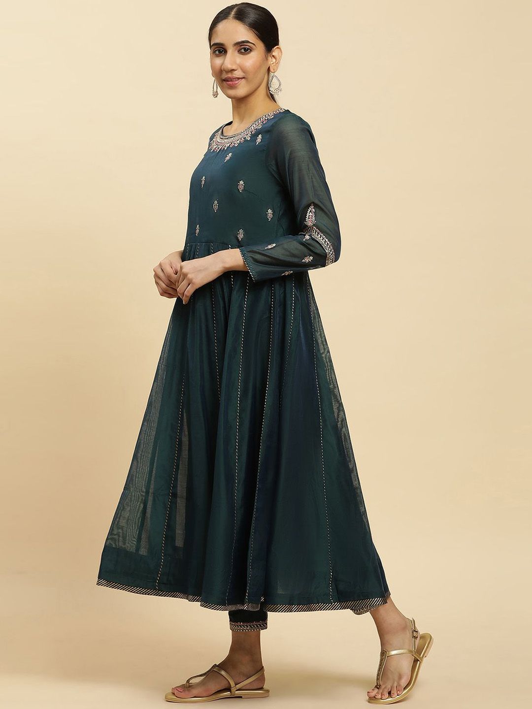 W Ethnic Motifs Embroidered Round Neck Thread Work Anarkali Kurta With Trousers & Dupatta