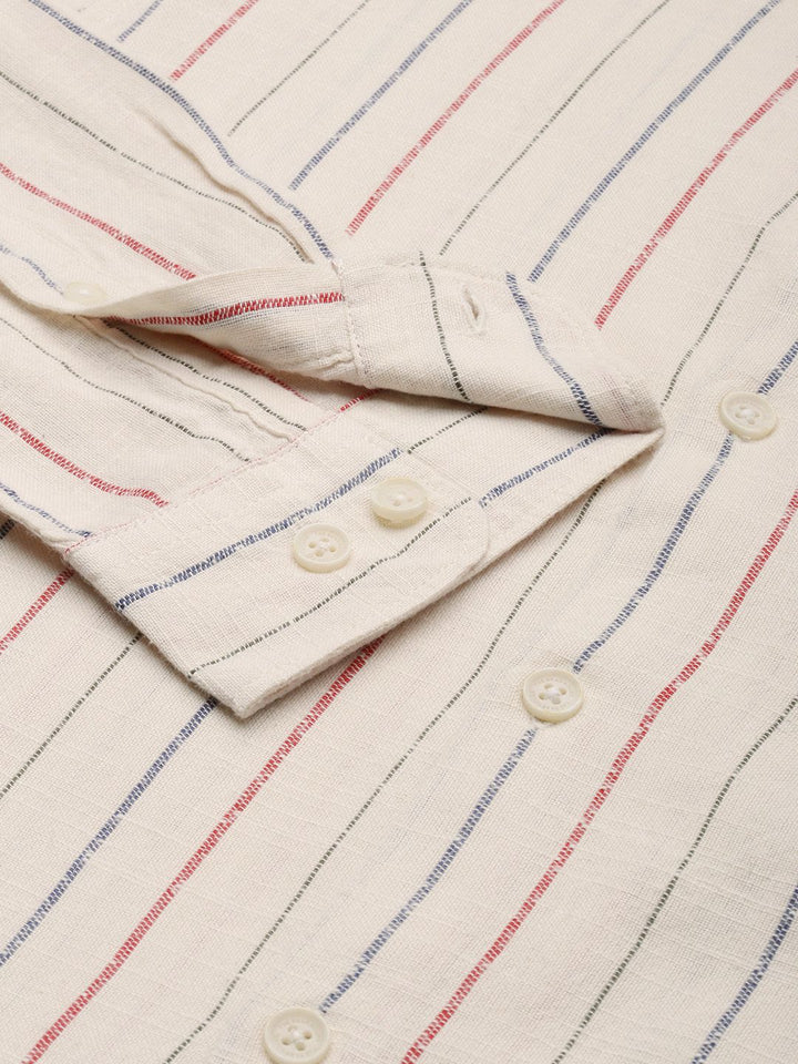 THE BEAR HOUSE Men Beige Linen Cotton Slim Fit Striped Casual Shirt