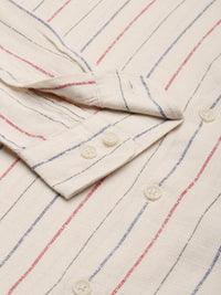 THE BEAR HOUSE Men Beige Linen Cotton Slim Fit Striped Casual Shirt