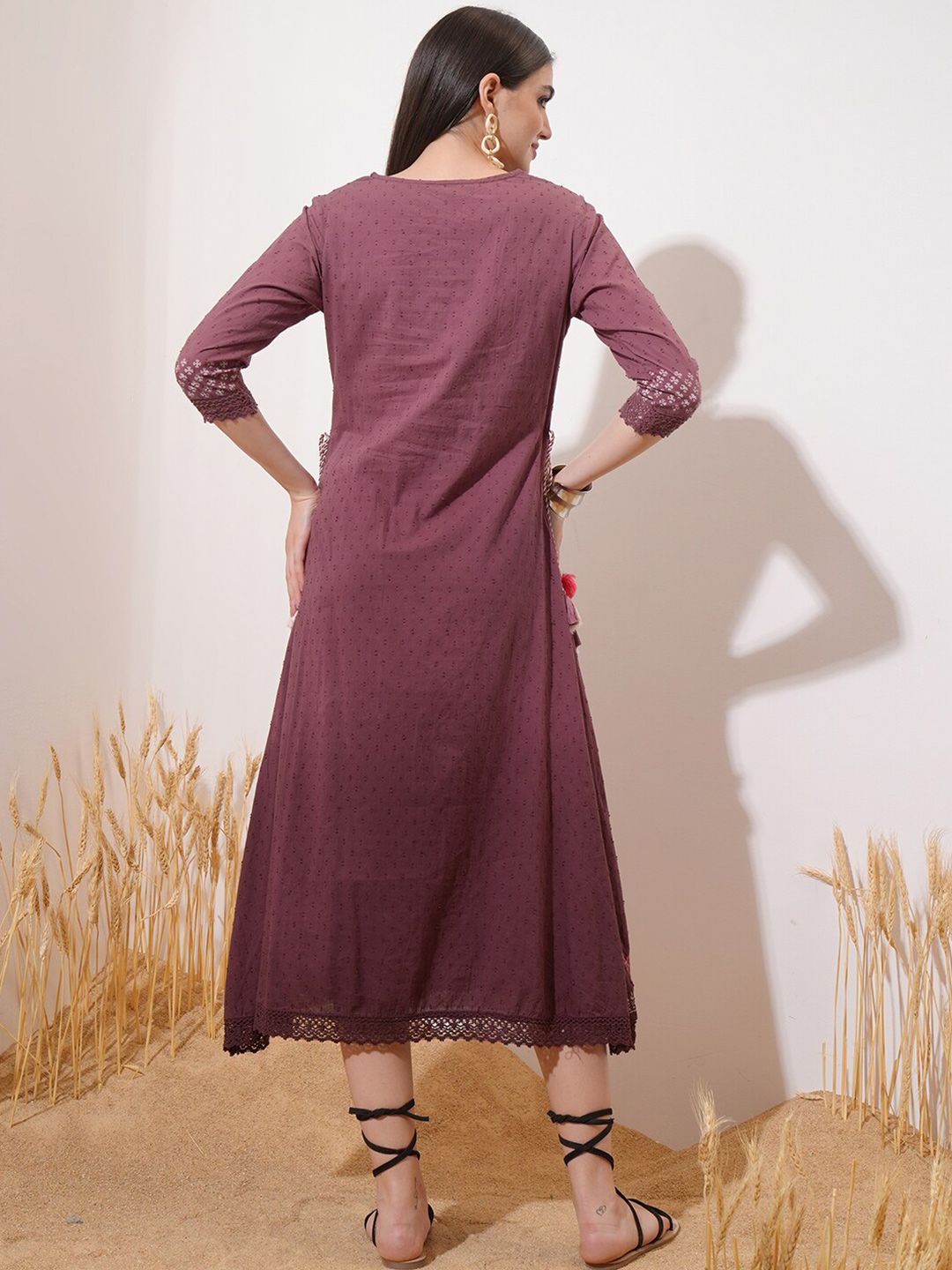 Vishudh Maroon Floral Printed Cotton  A-Line Midi Dress