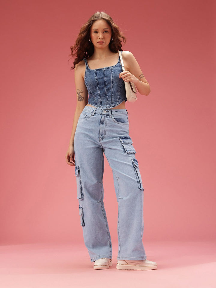 DressBerry Women Baggy Wide Leg Fit High-Rise Light Fade Stretchable Jeans