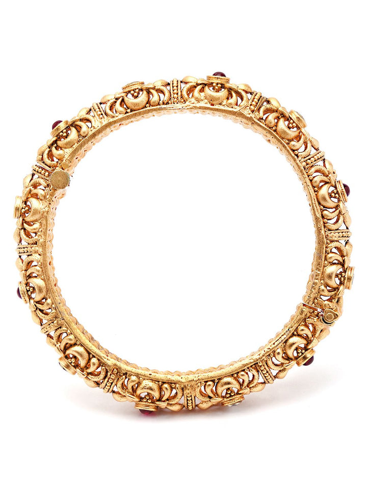 KARATCART Set Of 2 Gold-Plated White & Red Kundan-Studded Temple Bangles