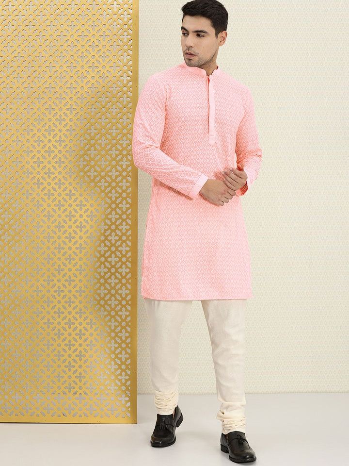 House of Pataudi Men Pink Authentic Hand Embroidered Chikankari Kurta